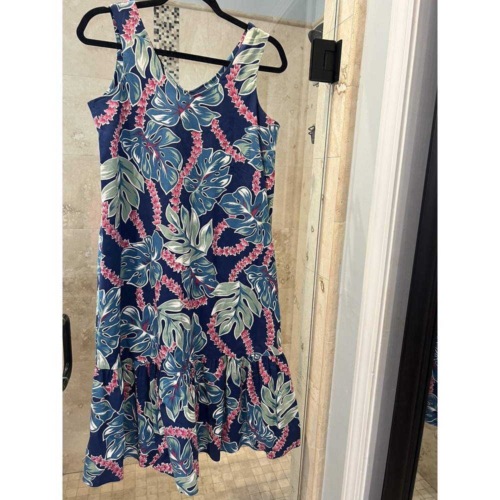 VTG Hilo Hattie Hawaiian Long Blue White Floral Dress Made in USA Womens Size S